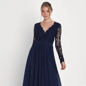 Lulus Awaken My Love Navy Blue Long Sleeve Lace Maxi Dress